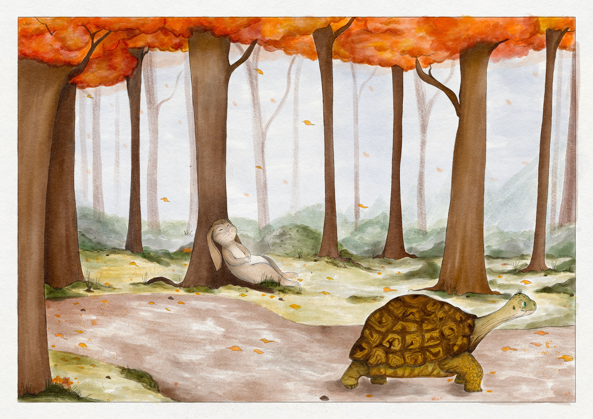 illustration the hare and the tortoise - internal - digital watercolor