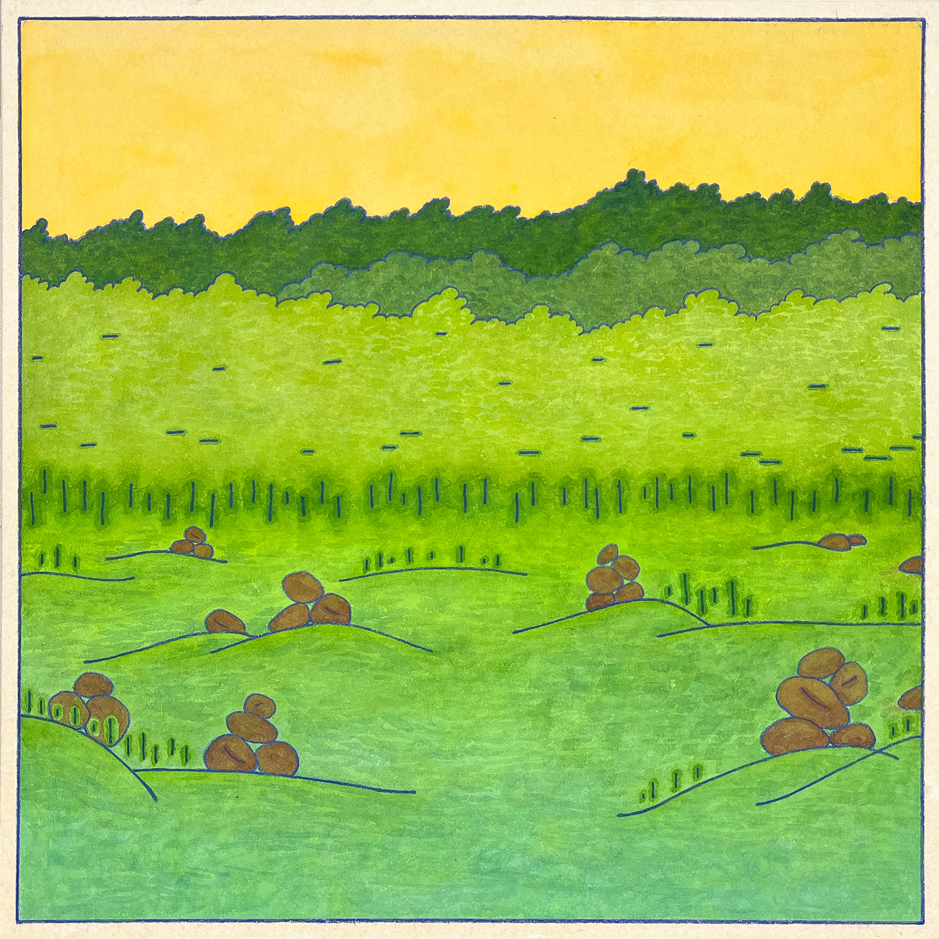 금오름, 50x100cm, color and blue pencil on korean paper, 2022