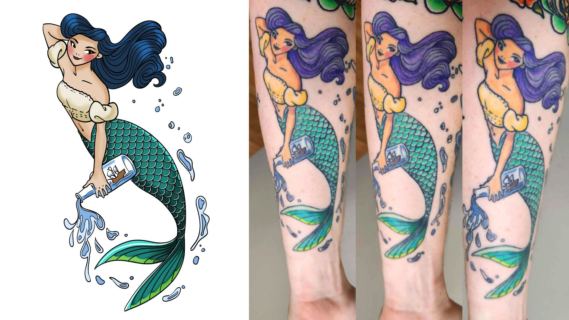 Custom Flash Tattoo: "Mermaid and Ship in a Bottle"