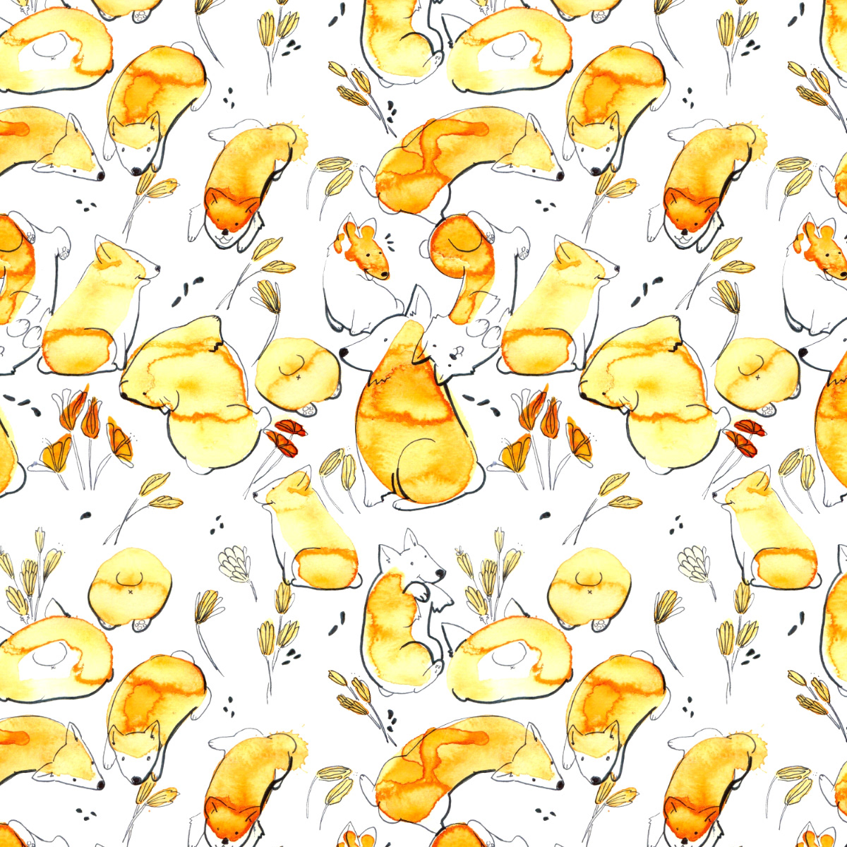 "Sunny Watercolor Corgis"