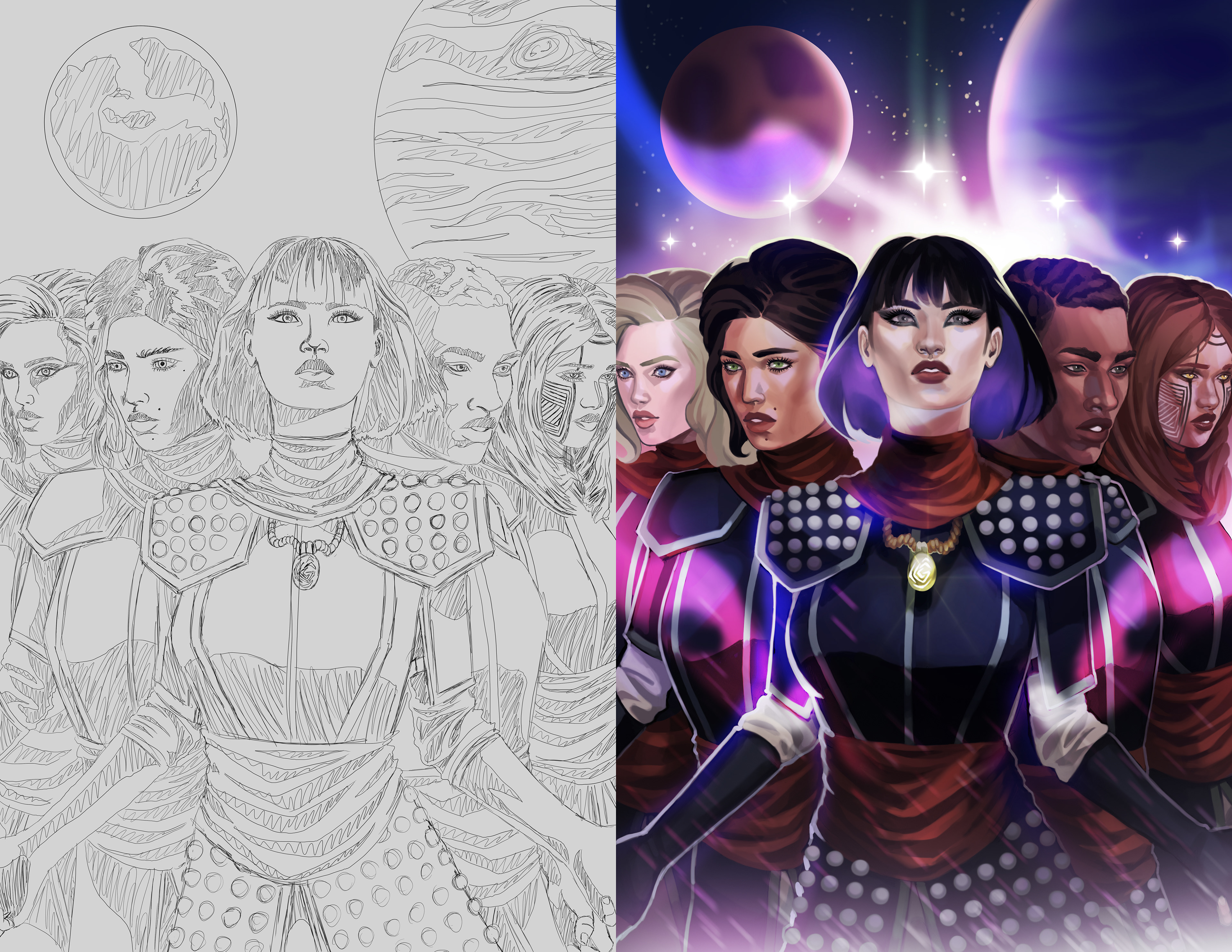 Nullifier Issue 1 Cover. Layout and pencils by me (left), Finished painting by Savannah Le (right)