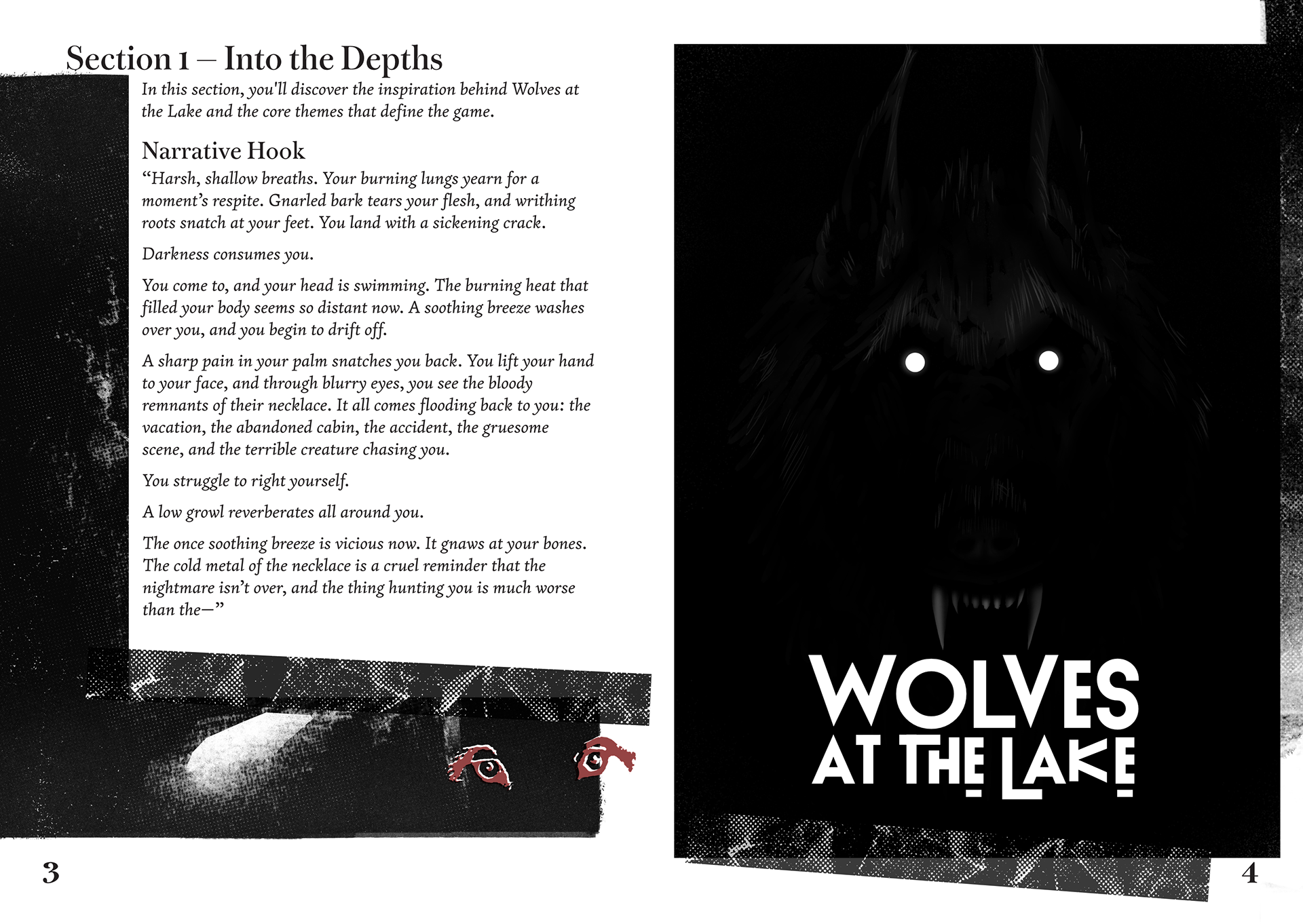 Sample spread from wolves at the lake. Key Art by Dreamscapecraft