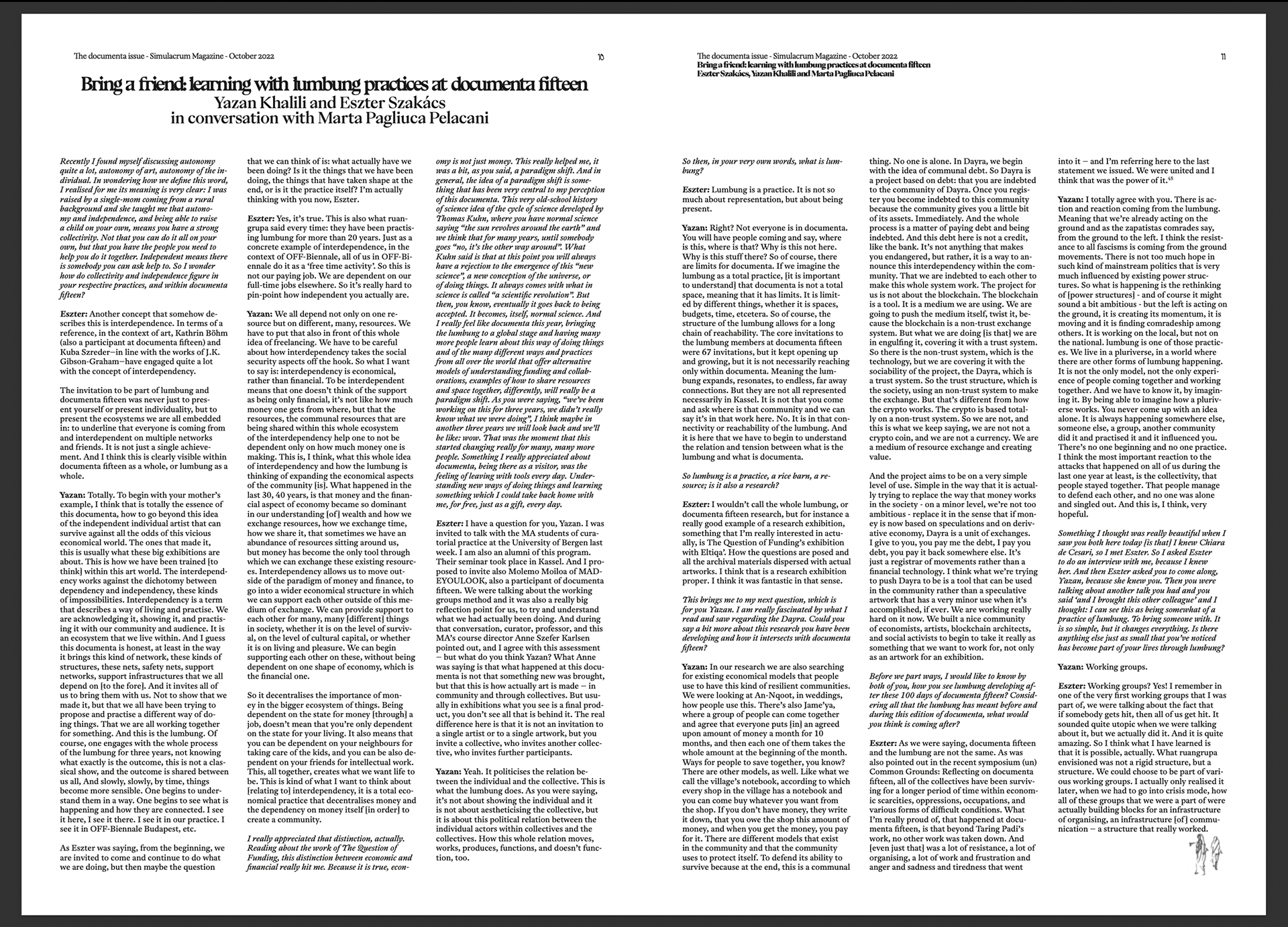 "Bring a friend: learning with lumbung practices at documenta fifteen" by Yazan Khalili and Eszter Szakács in conversation with Marta Pagliuca Pelacani