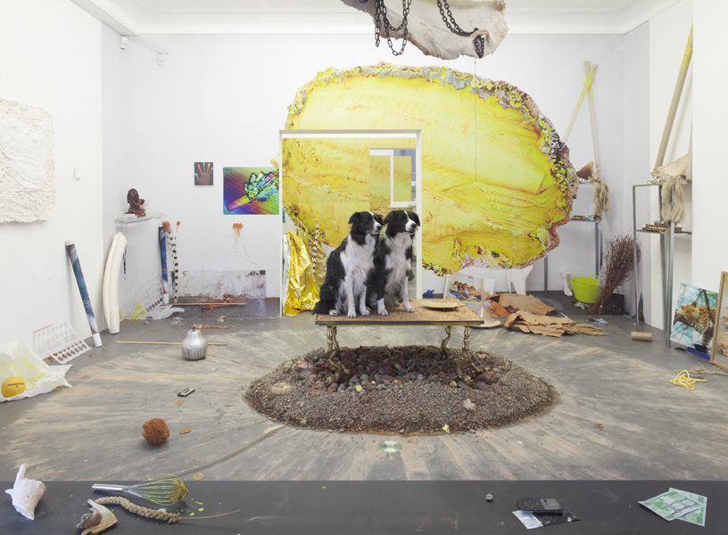 Emmanuelle lainé at c-om-p-o-s-i-t-e , exhibition view with twin dogs, 2014