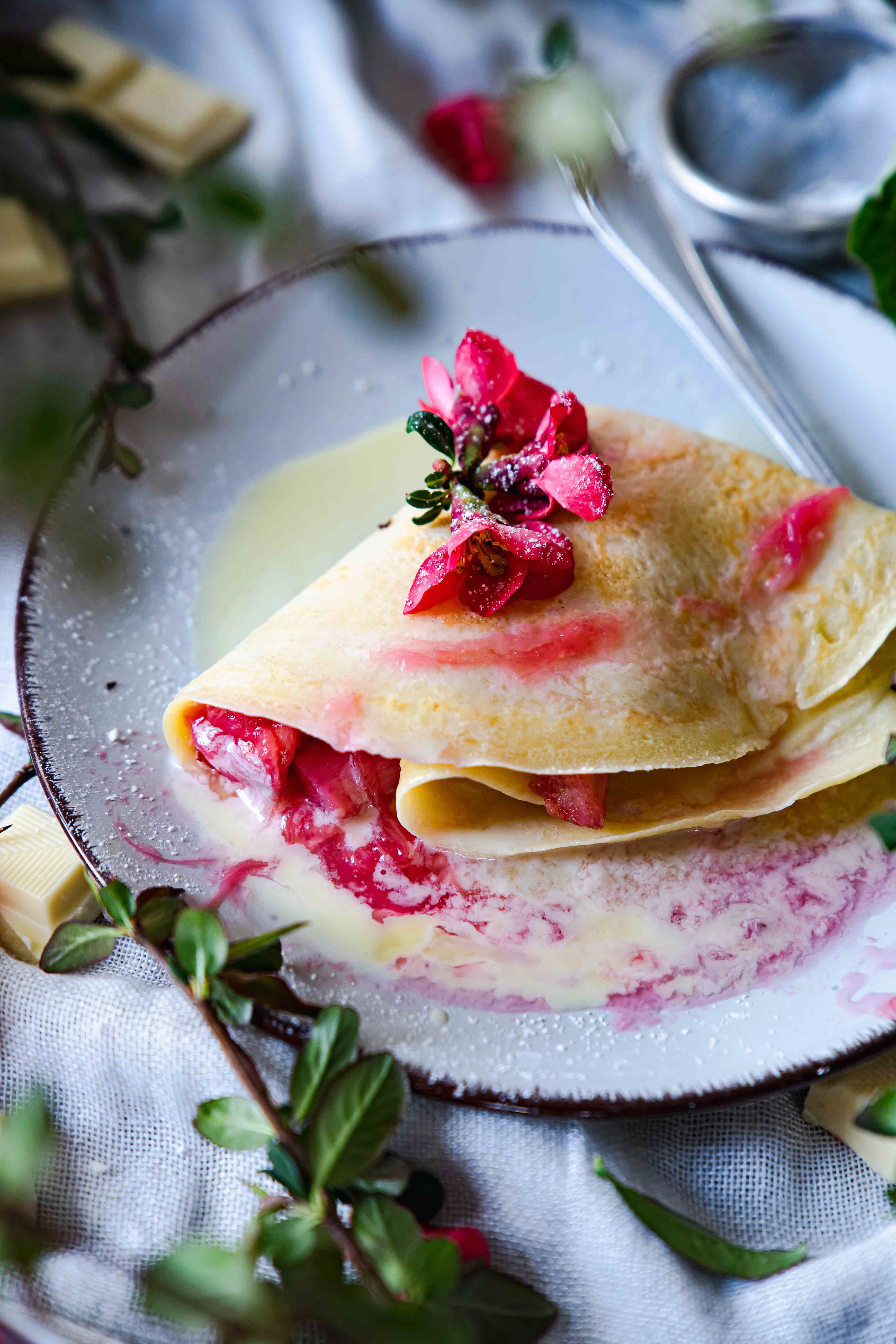 Rhubarb and white chocolate pancakes