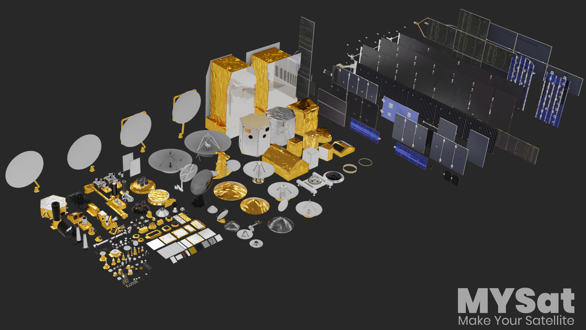 Sensors, Antenna, Solar panels, payloads...