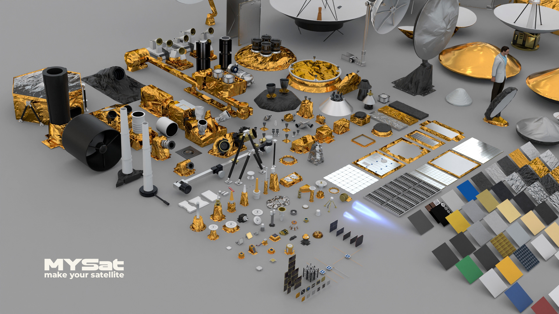 Antennas, Thermic Panels, Optic Instruments, Thrusters....