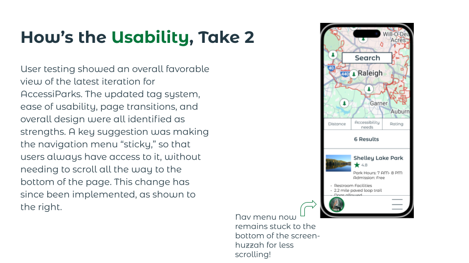 User testing in the second round is generally favorable, though a recommendation was made to make the nav menu sticky, which has since been incorporated