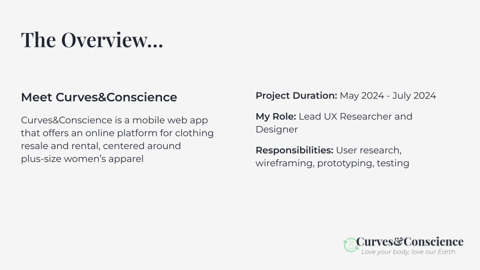 Overview for Curves&Conscience, a mobile web app for plus-size women's apparel rental and resale. On this project, I served as Lead UX researcher and designer, conducting user research, wireframing, prototyping, and testing from May 2024 to July 2024