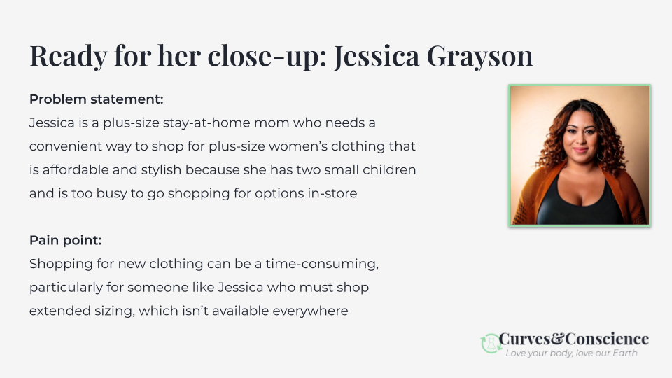 Persona for Jessica, a plus-size mom looking for a convenient way to find affordable and stylish clothing that fits her body