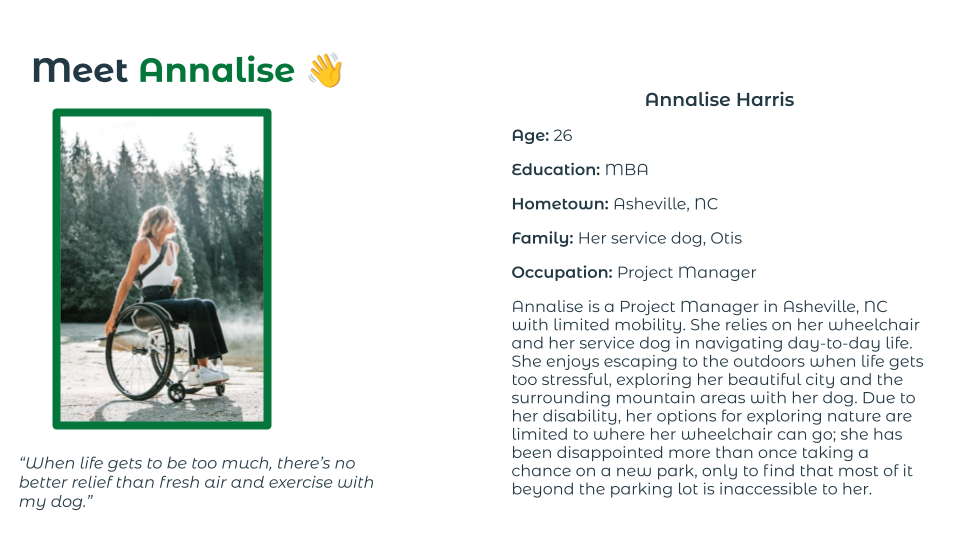 Persona for Annalise, a wheelchair user who enjoys getting out in nature