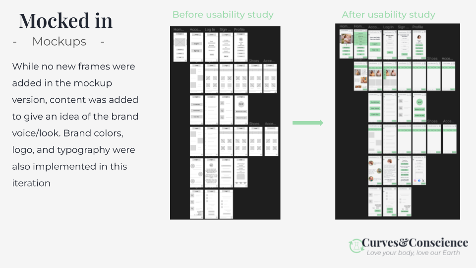 Mockups adding content, and giving a view of the brand voice and look, with brand colors, logo, and typography all implemented in this iteration