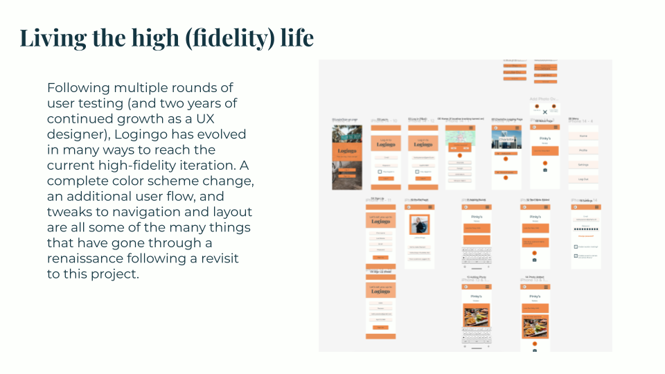 The high-fidelity prototype, showing an evolution after a revisit two years later, with a new user flow included, a design overhaul, and tweaks to navigation/layout