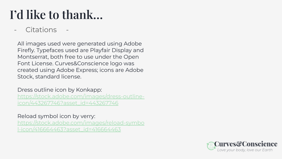 Citations for icons and fonts, and acknowledgement that all imagery was created using Adobe Firefly