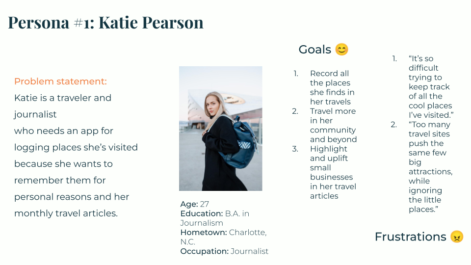 Persona for Katie, a traveler and journalist interested in logging places she's been to remember for travel articles and for herself
