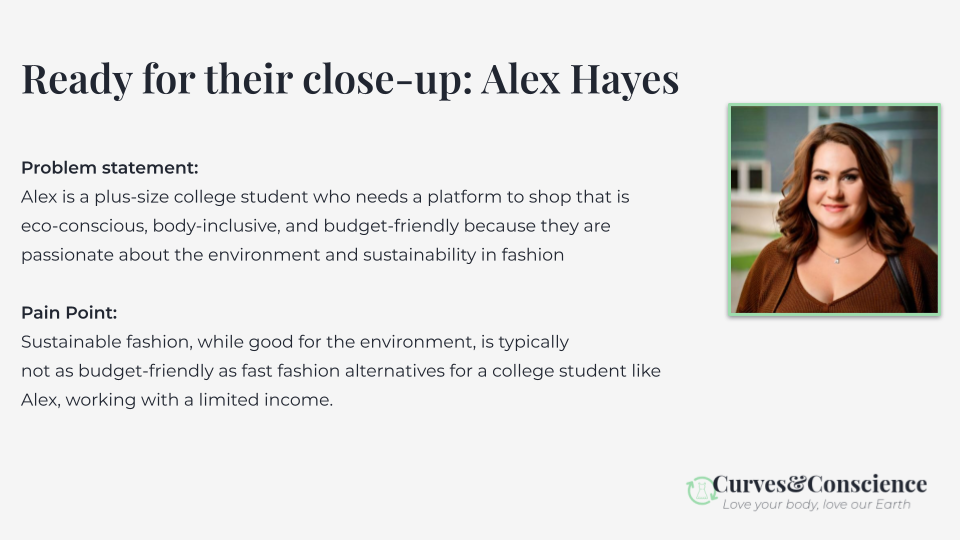 Persona for Alex, a plus-size college student with a limited budget and a passion for sustainable fashion