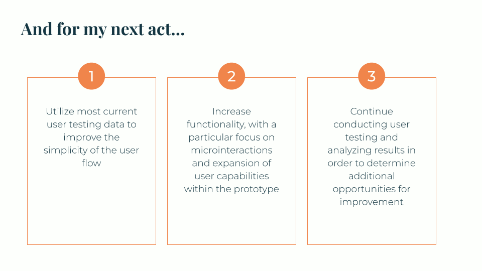 Next steps include utilizing most current user testing data to improve user flows, increase functionality, and continue conducting user testing to identify future improvement opportunities