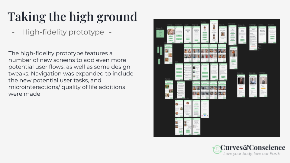 The high-fidelity prototype, adding a number of new screens and features, as well as additional user flows/tasks/microinteractions