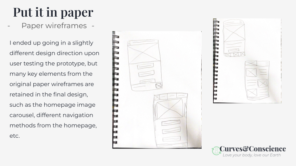 Paper wireframes, showing initial design ideas