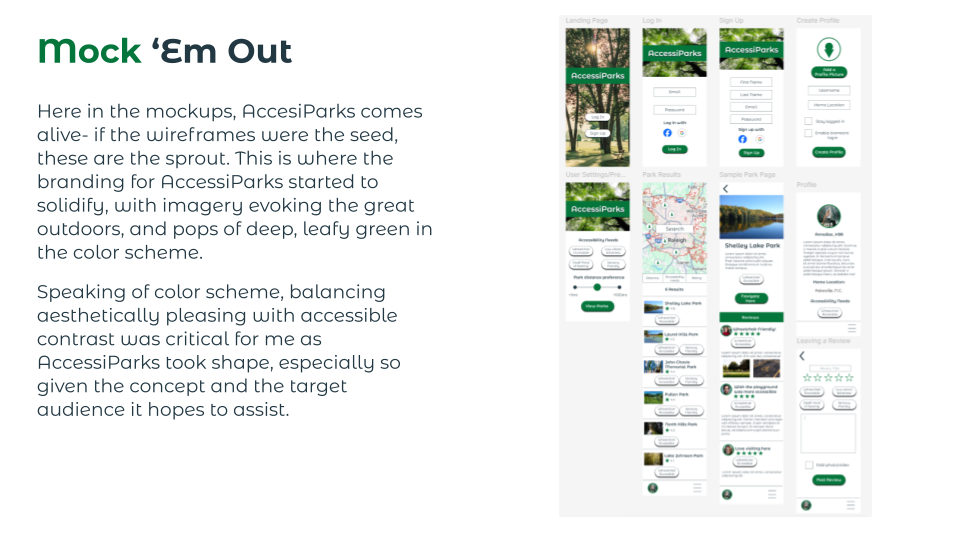 AccessiPark's mockup is where we start to see branding, with the inclusion of a green color scheme and outdoor imagery