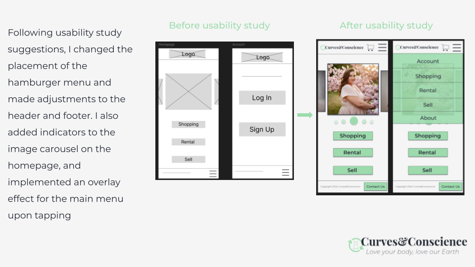 Shows the change in menu placement/display following suggestions in the usability study