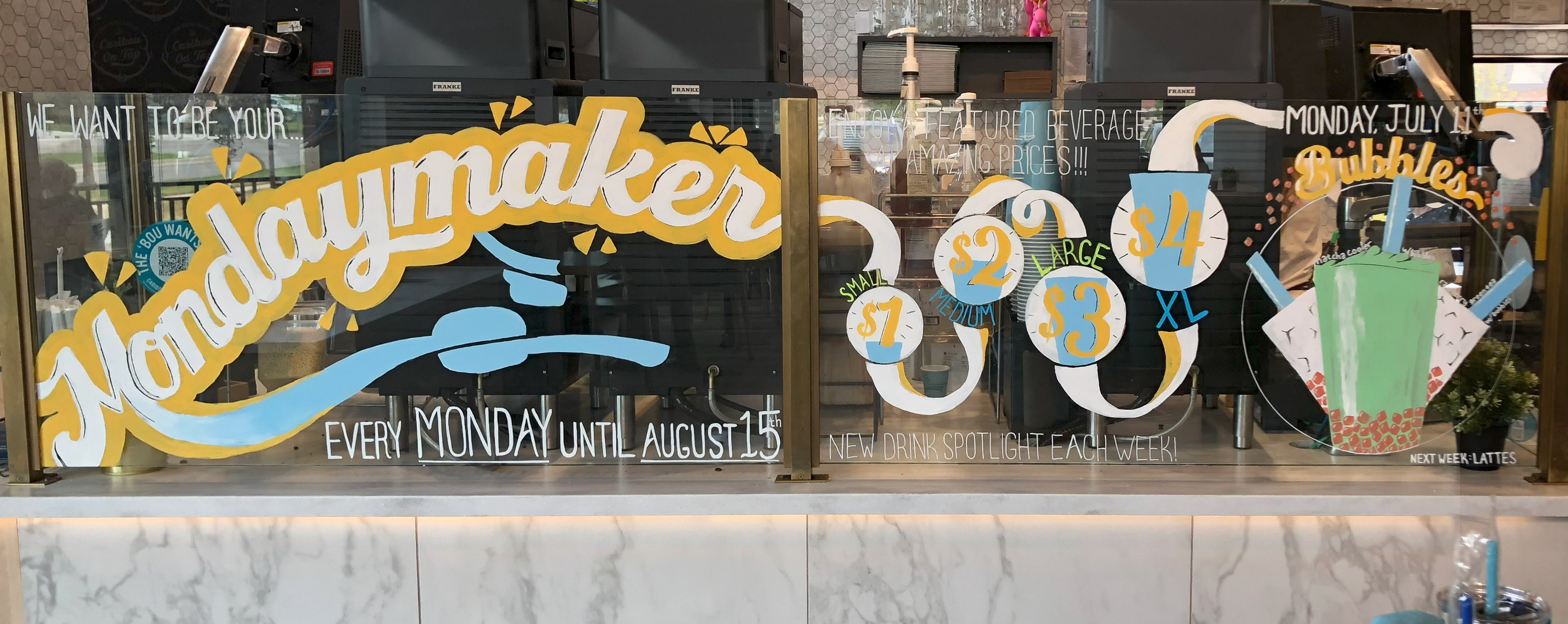 Display with rotating piece to match weekly featured beverage