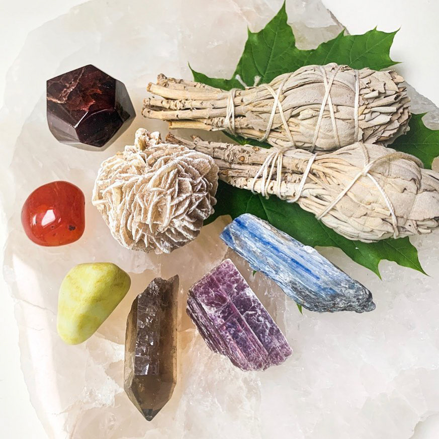 garnet, carnelian, serpentine, smoky quartz, lepidolite, blue kyanite, selenite desert rose - sage bundles (ethically + sustainably sourced)