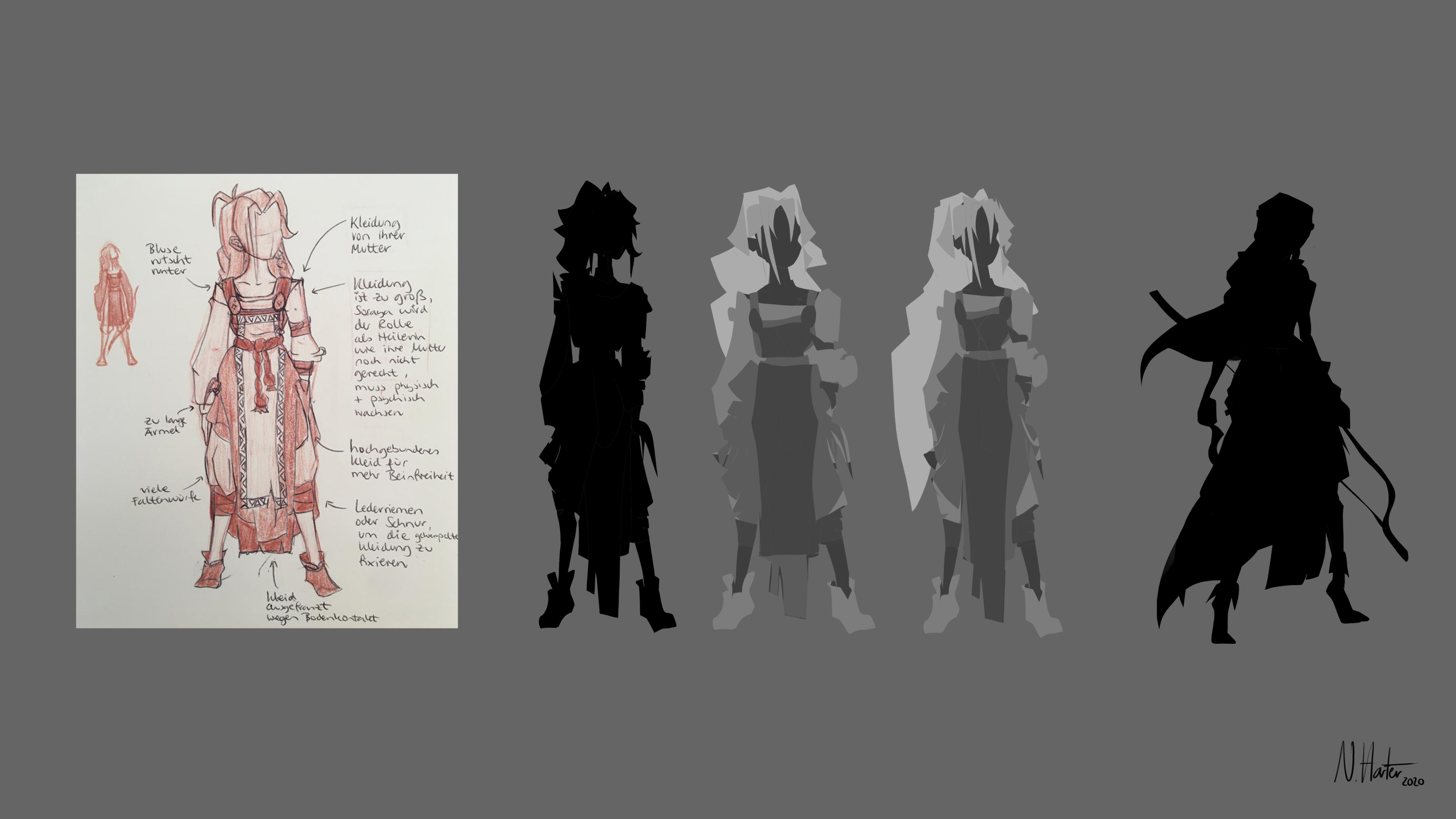 Silhouette Explorations based on earlier thoughts about what Soraya would wear. When thinking about Sorayas pain about the loss of her mother while considering her urge to step into her footprints as a researcher, I decided to give her her mothers old clothes which would not fit her perfectly. As Soraya has to grow into her role as a healer, researcher and magician, her mothers clothes are still to large for her and need to be tightened with her belt and straps. Also, the dress is too long for her which results in worn off ends of the dress. Her mothers clothes are based on celtic gowns.