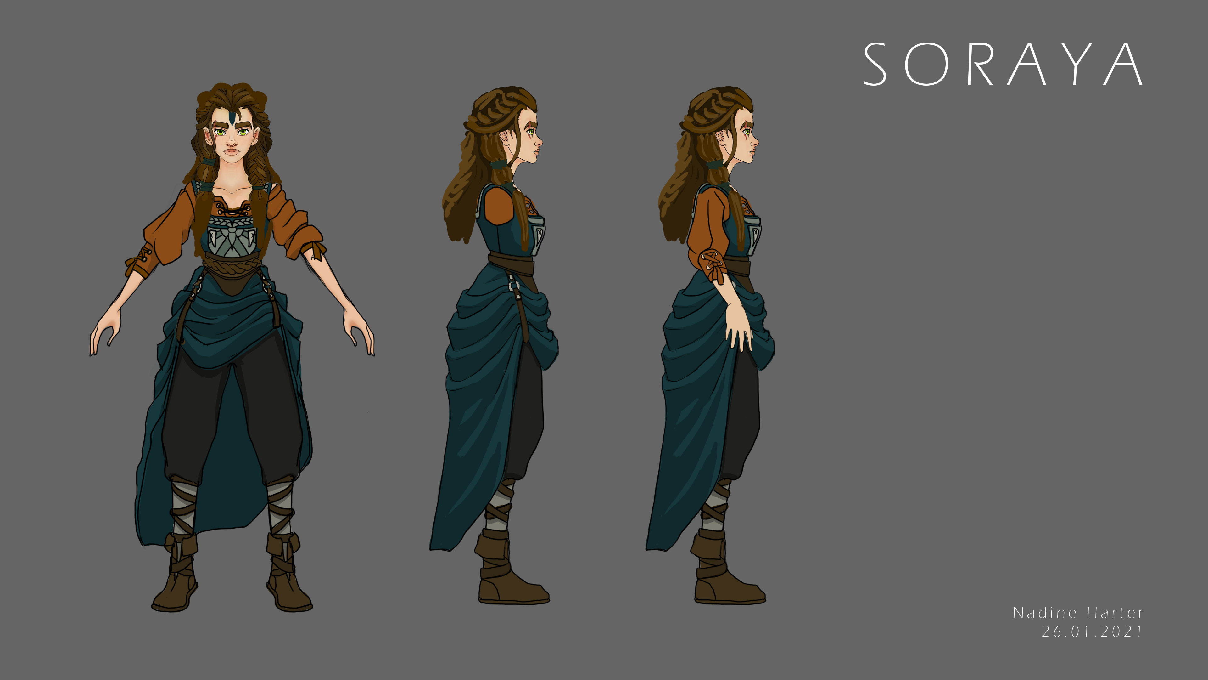 Model Sheet. Unfortunately I had to remove parts of the skirt due to technical restrictions in the game. Also, I changed the colour of her pants to something darker, as the missing parts of the dress resulted in the fact, that the lighter version of the pants kept distracting from Sorayas face.