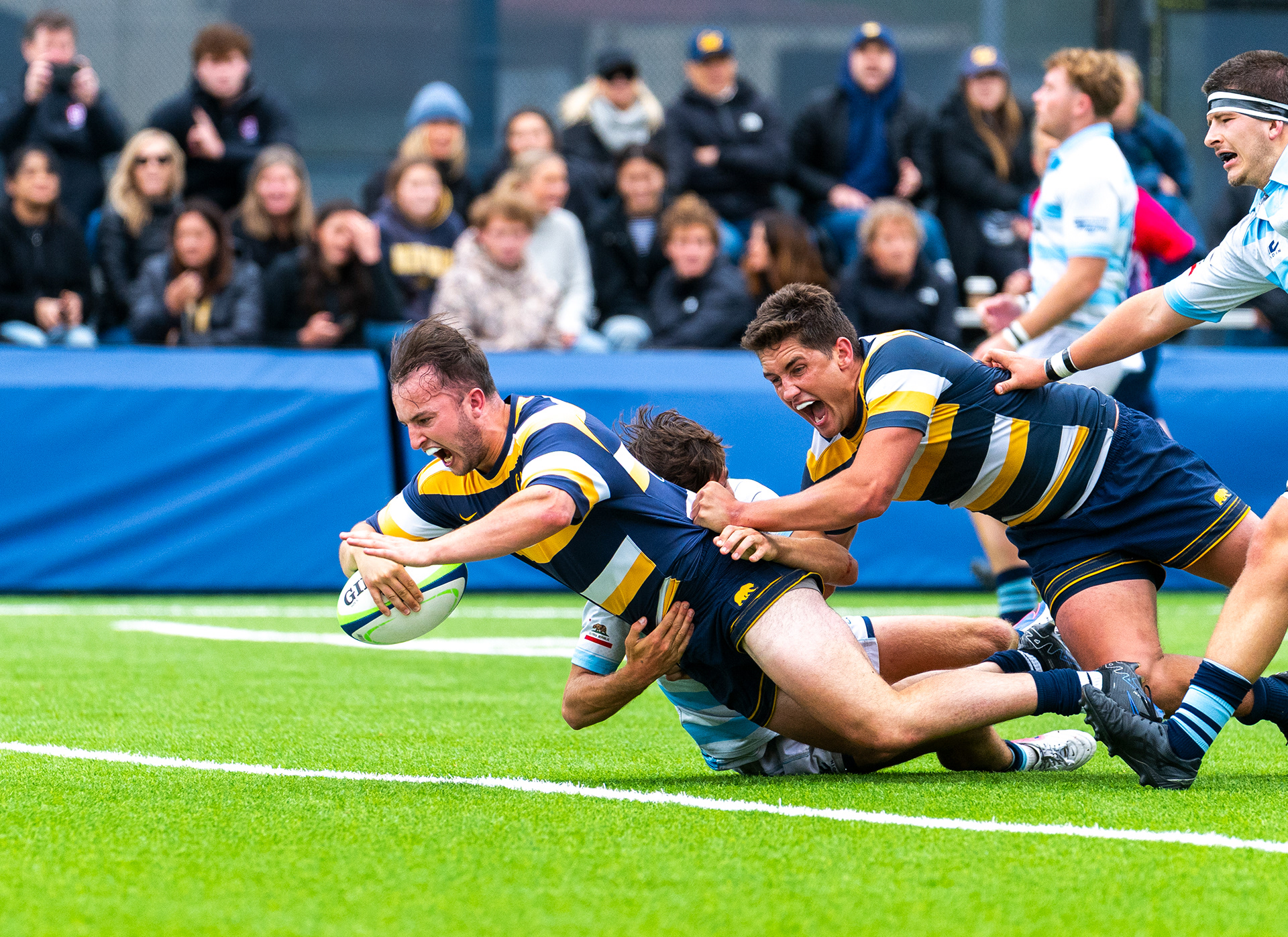 Cal centers Peter Symington (left) and Michál de Beer (right) push into the try zone and score in the second half of the first round of the NCAA D1A championships at Witter Rugby Field in Berkeley, California, on April 11, 2026. (Vincent Leo/KLC fotos)