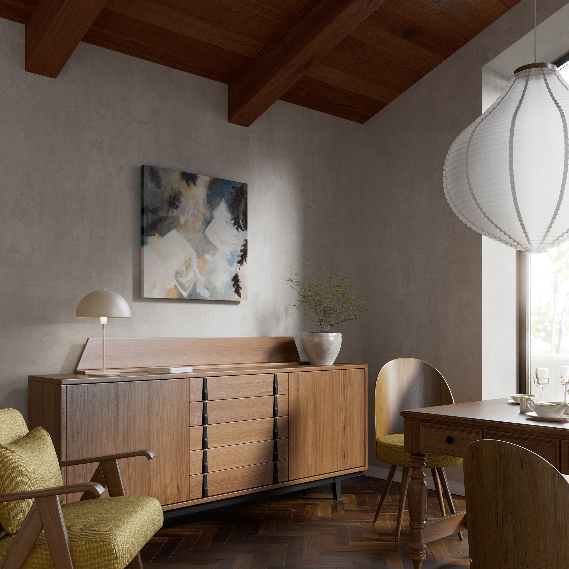 3D architectural visualization of a modern dining room with a large wooden table and bespoke ambient lighting by Marcin Perek.