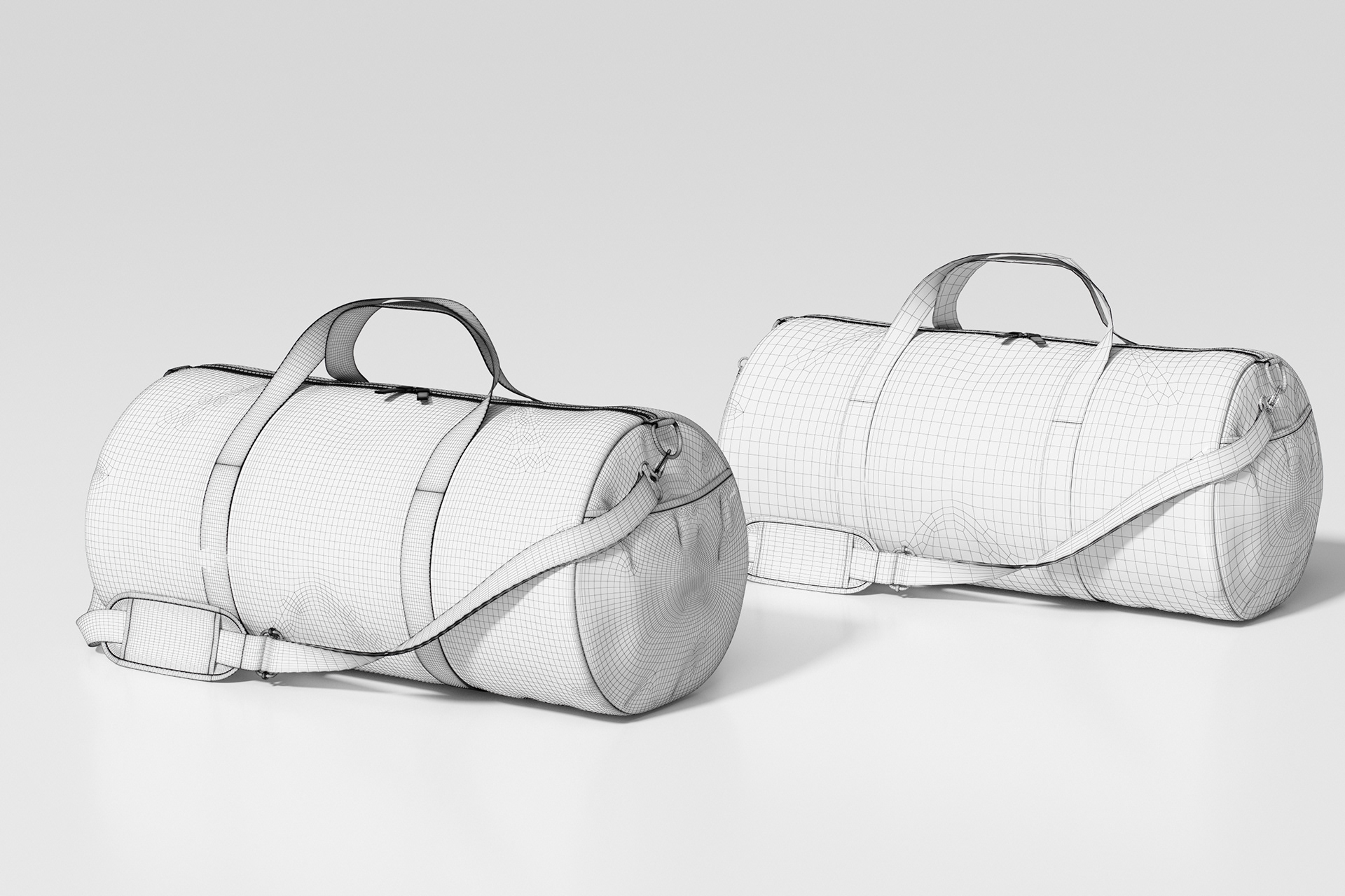 3D render of a classic gym and travel duffel bag showing realistic fabric wrinkles and stitching.