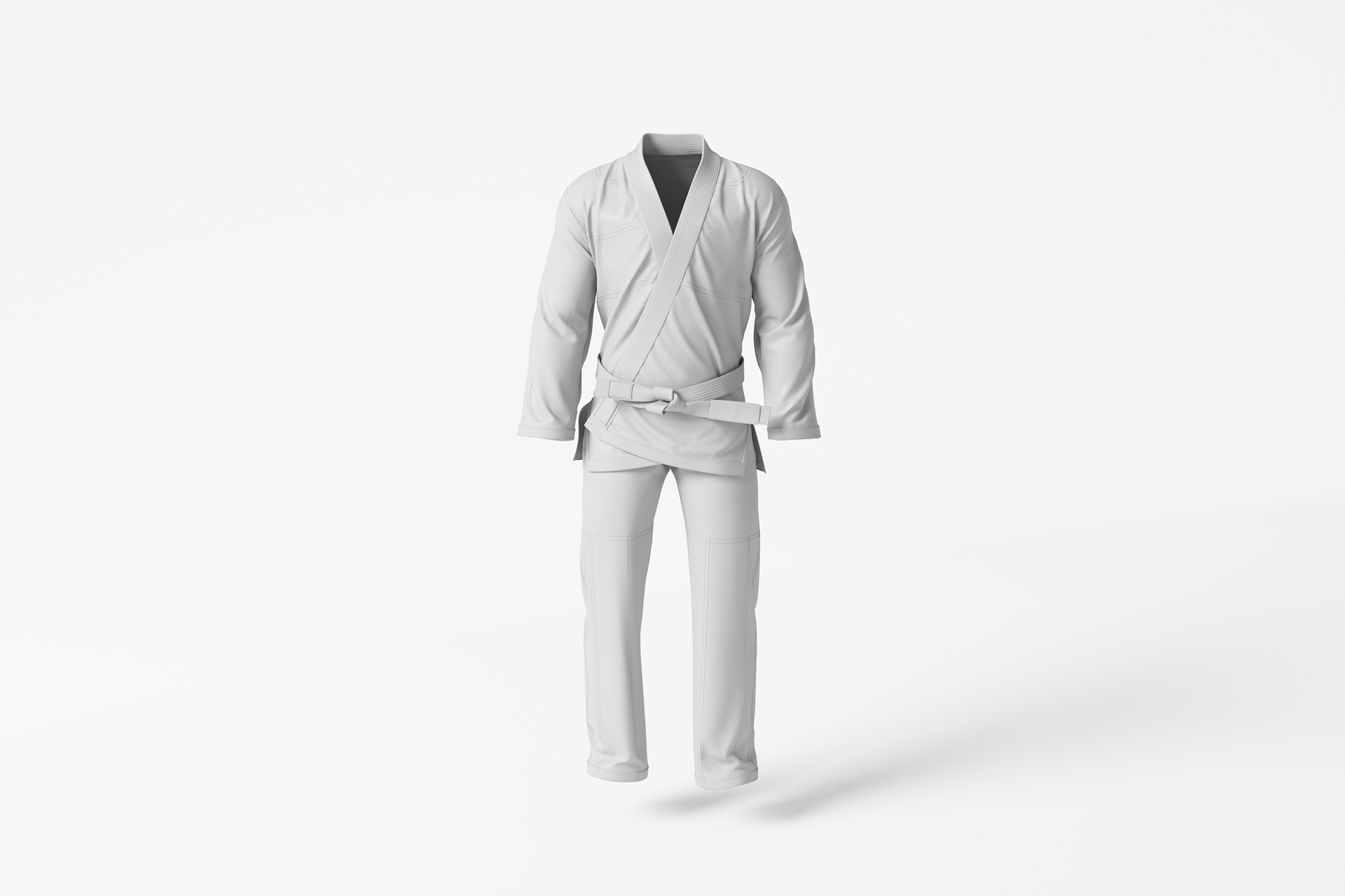 3D cloth simulation render of a Brazilian Jiu-Jitsu Gi uniform with realistic heavy fabric texture folds.