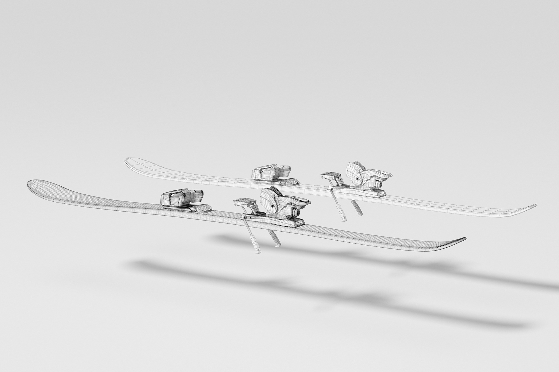 Hard-surface 3D model render of alpine skis showing mechanical binding details and wireframe mesh.
