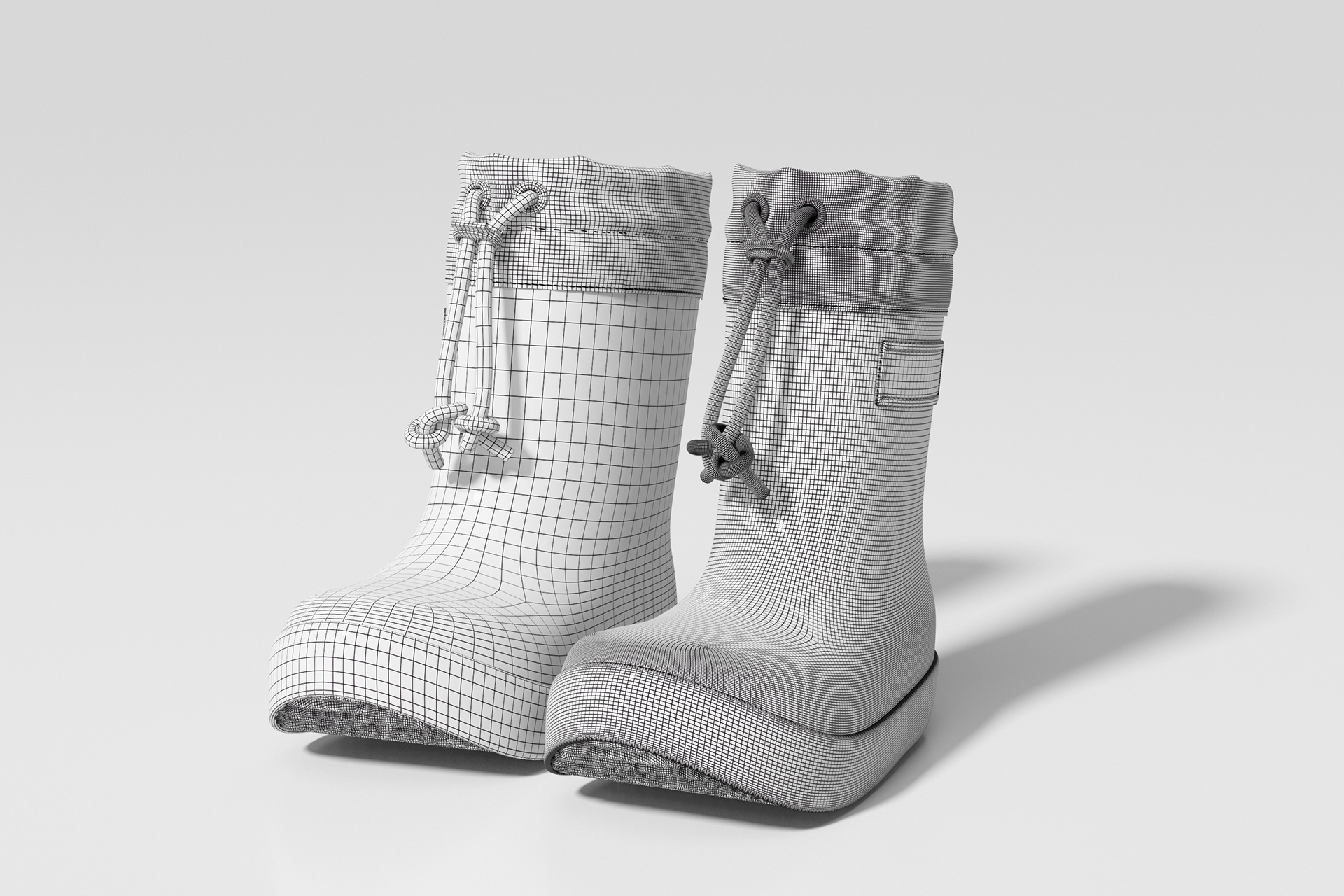 3D footwear render of children's winter boots with detailed tread sole and simulated fabric cuffs.