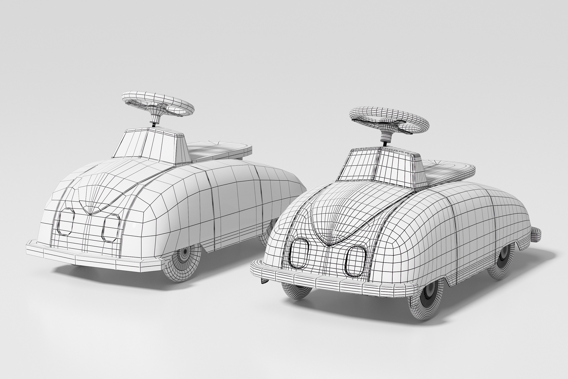 Clay render and clean wireframe mesh of a retro vintage ride-on toy car 3D model.