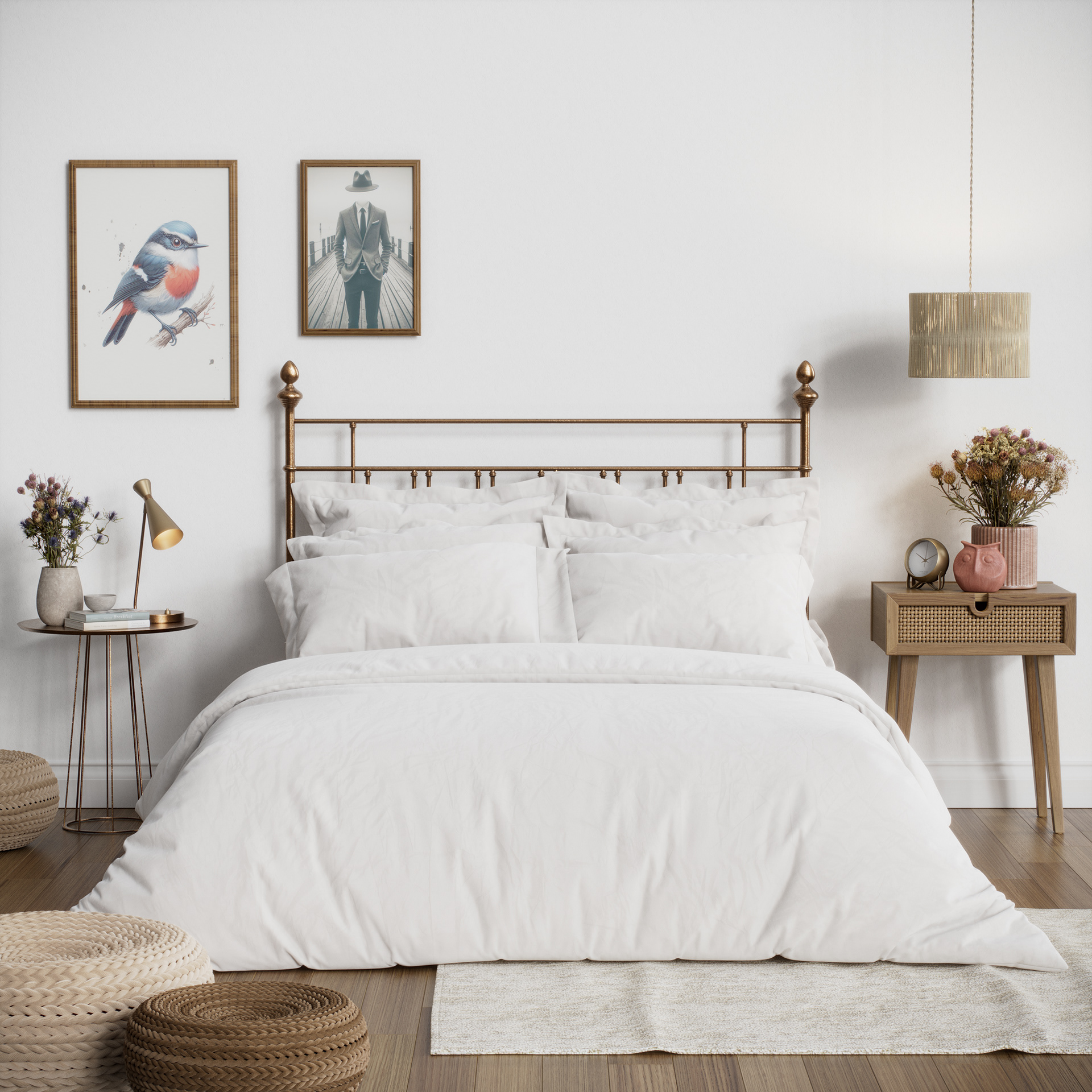 Photorealistic 3D visualization of a Scandinavian-style bright bedroom with natural morning light.