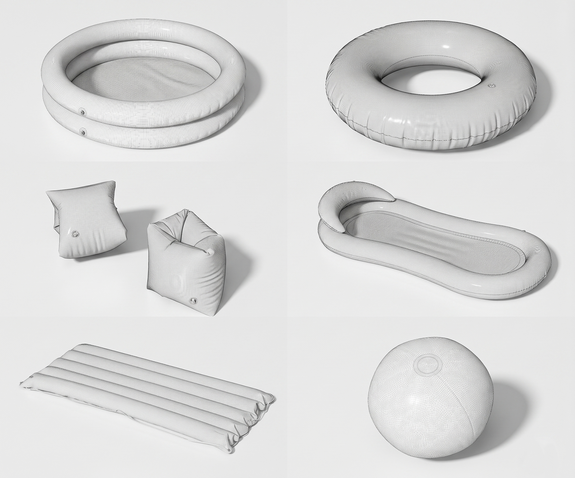 3D model collection of summer beach inflatables including a pool ring, air mattress, and lounger.