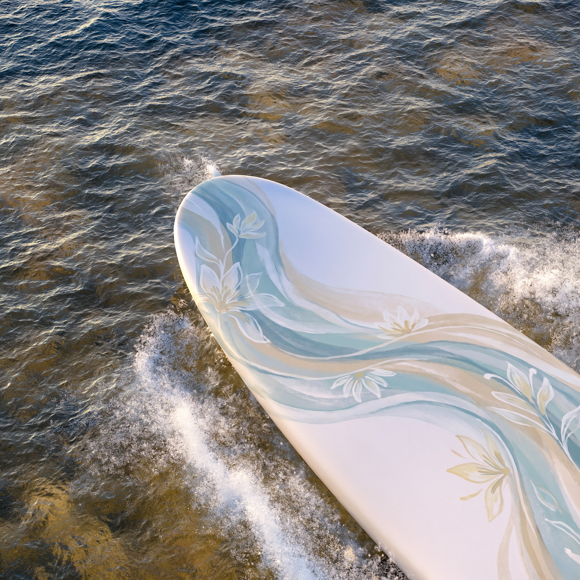Studio 3D product render of glossy custom surfboards showcasing vibrant graphics and fiberglass sheen.