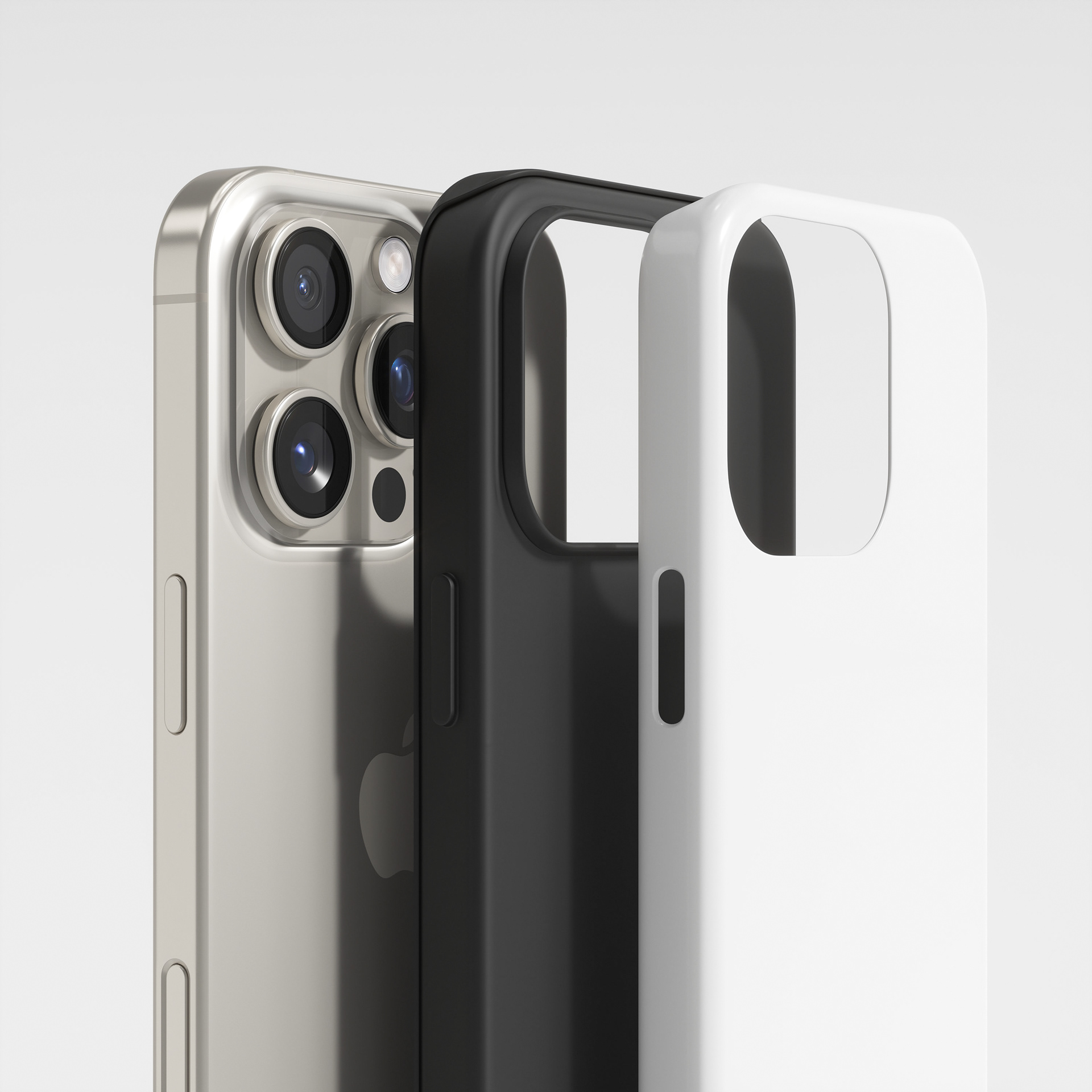 High-detail 3D product rendering of a smartphone next to matte black and white protective case covers.