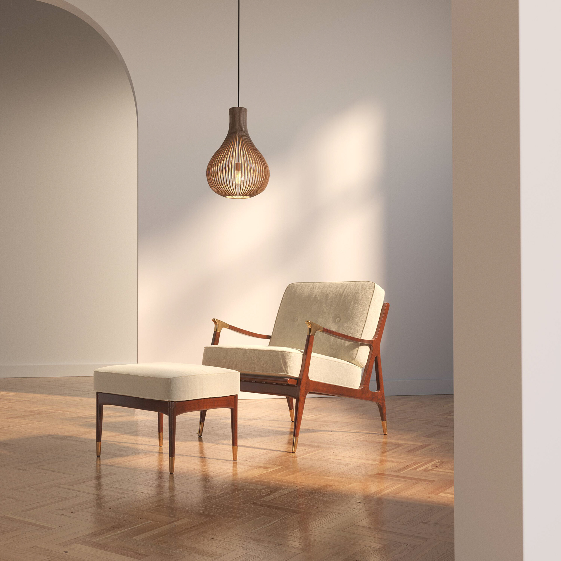 Photorealistic 3D render of a leather mid-century lounge chair with matching ottoman and realistic cushion creases.