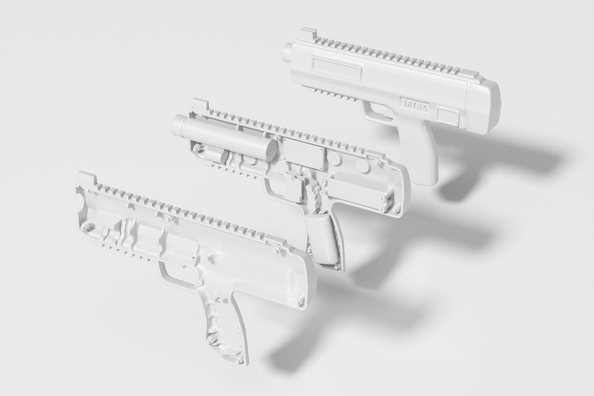 White clay render of an IRTag prototype showing the assembled housing and an open shell with internal electronic components.
