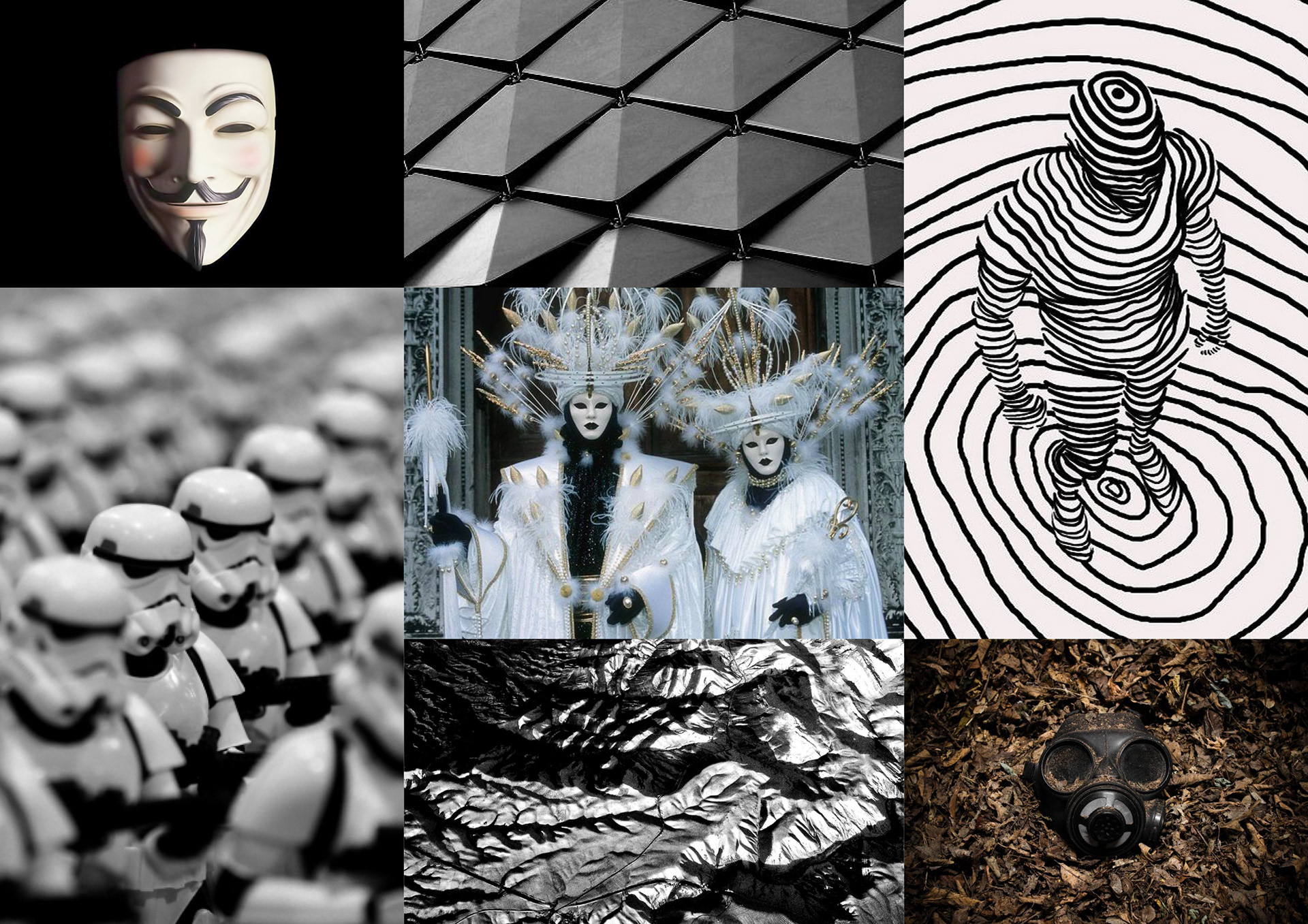 Thinking about the war between society and the individual, we could not help but think about how people wear a mask every day or to protect themselves, or to hide themselves, or to finally camouflage themselves within a system in which they are not very comfortable. thinking this we found many similarities between the real war and the concepts we wanted to inckude in our project. From here, we did a research to find the best way to better interpret our thinking.