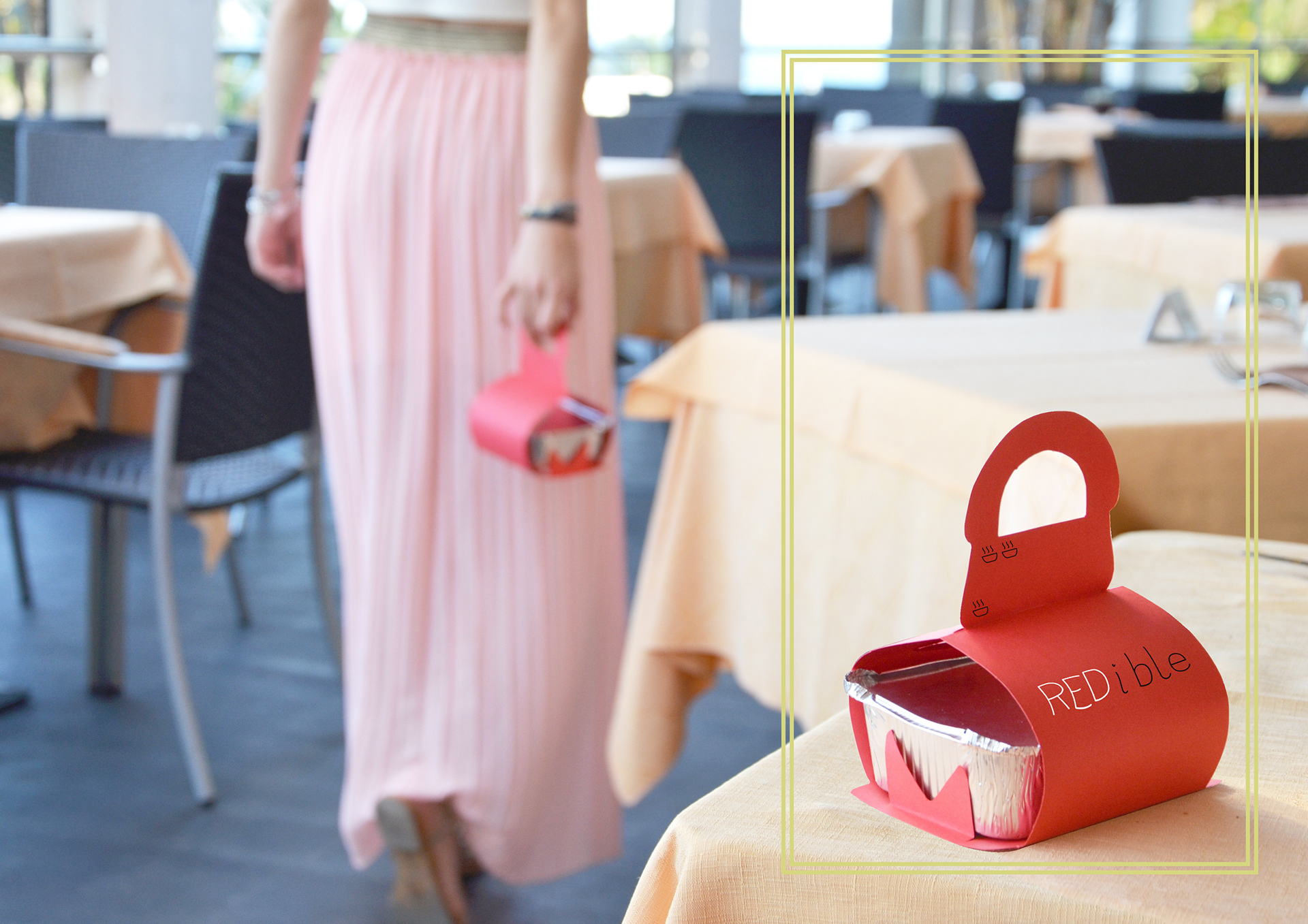 This project is a doggy bag made in collaboration with Cuki © in order to sensitize Italians on "food waste" and encourage people to take home what has not been eaten at the restaurant. It can have two different conformations, containing one or two Cuki © trays, depending on how much food it has to carry. The graphic design was thought to catch the attention and to encourage people to bring home leftover food. The name, REDIBLE, has different meanings: the color RED catches eyes, REDI (ready) implies that the food can be consumed immediately because already cooked while REDIBLE indicates that the content is completely edible and is not to be thrown away and wasted. The two red tabs serve both to support the trays both to give an idea of the fire when we have to reheat food. It is completely recyclable.