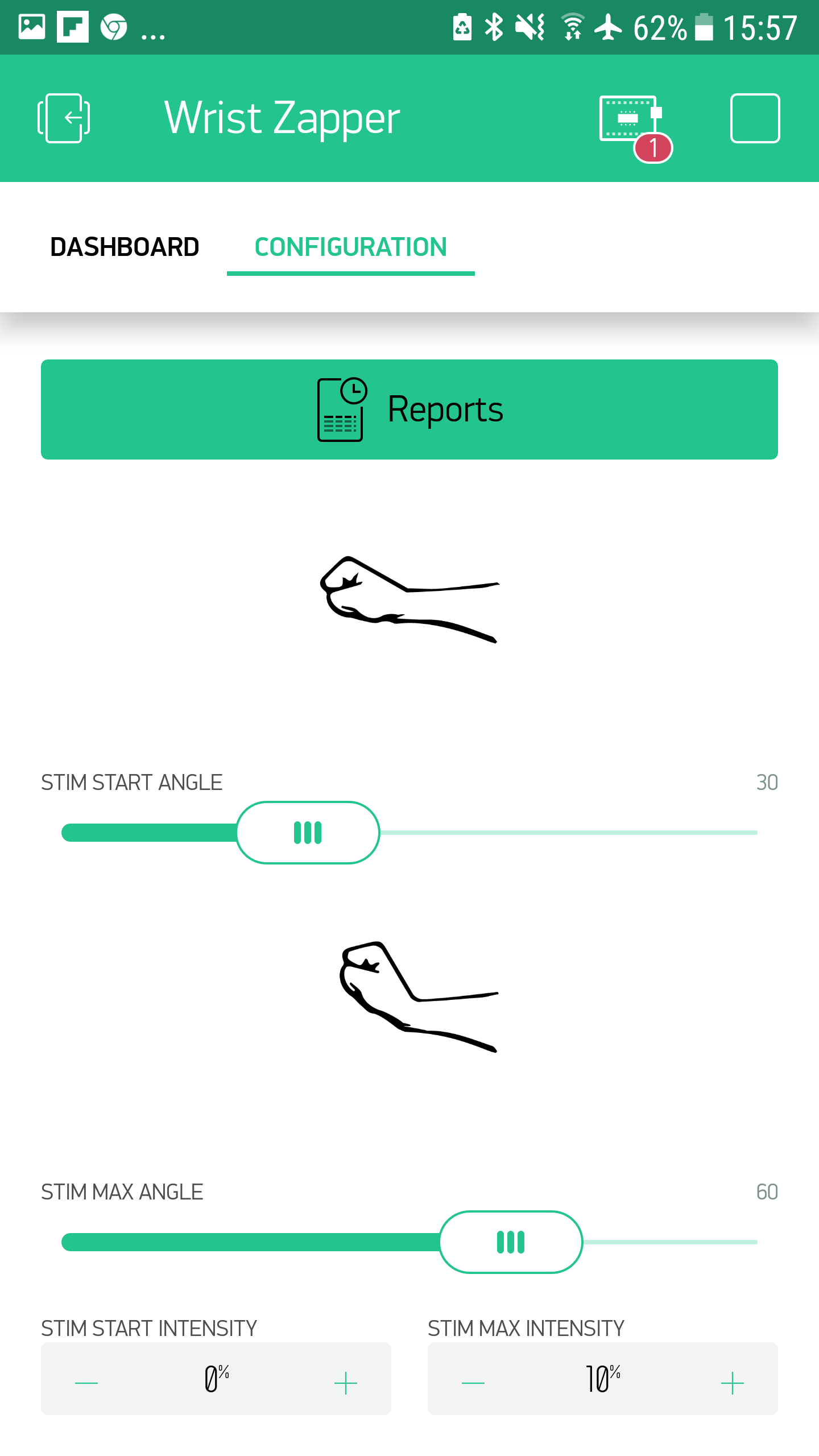 Configuration screen, with different options for reports and stimulus start and maximum angles and intensities