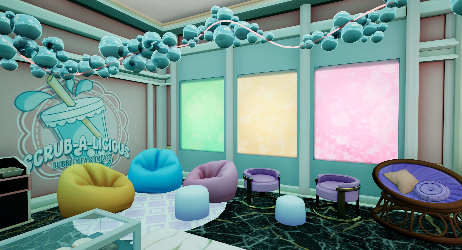 Scrub-a-Licious immediate seating area. Papasan chair modeled by Hayden Padula.