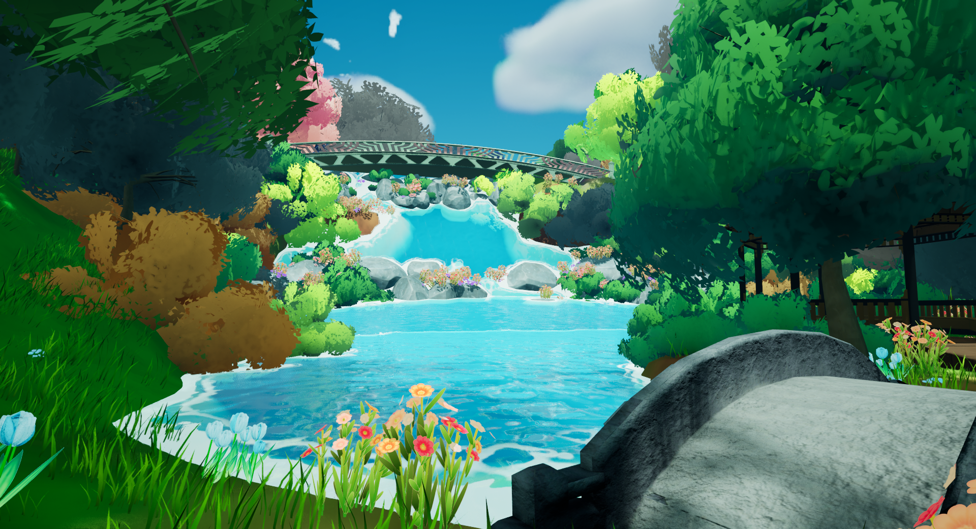 Lower park area. Water shader material and rocks modeled and textured by Conor Dolan. Gazebo and upper bridge modeled by Caleb Prouty.