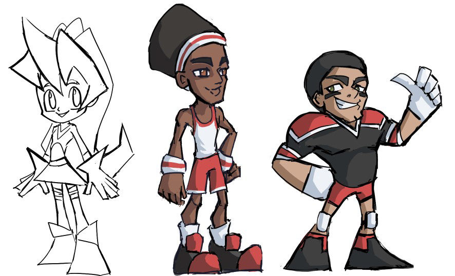 Early concept sketches for The Cheerleader, The Basketballer, and The Footballer