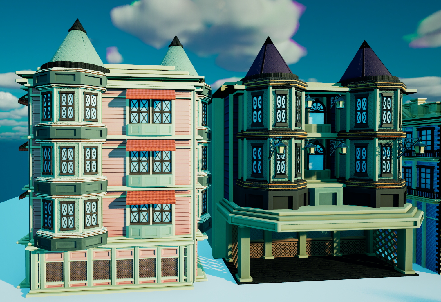 Modular buildings for the market in an in-engine test level.
