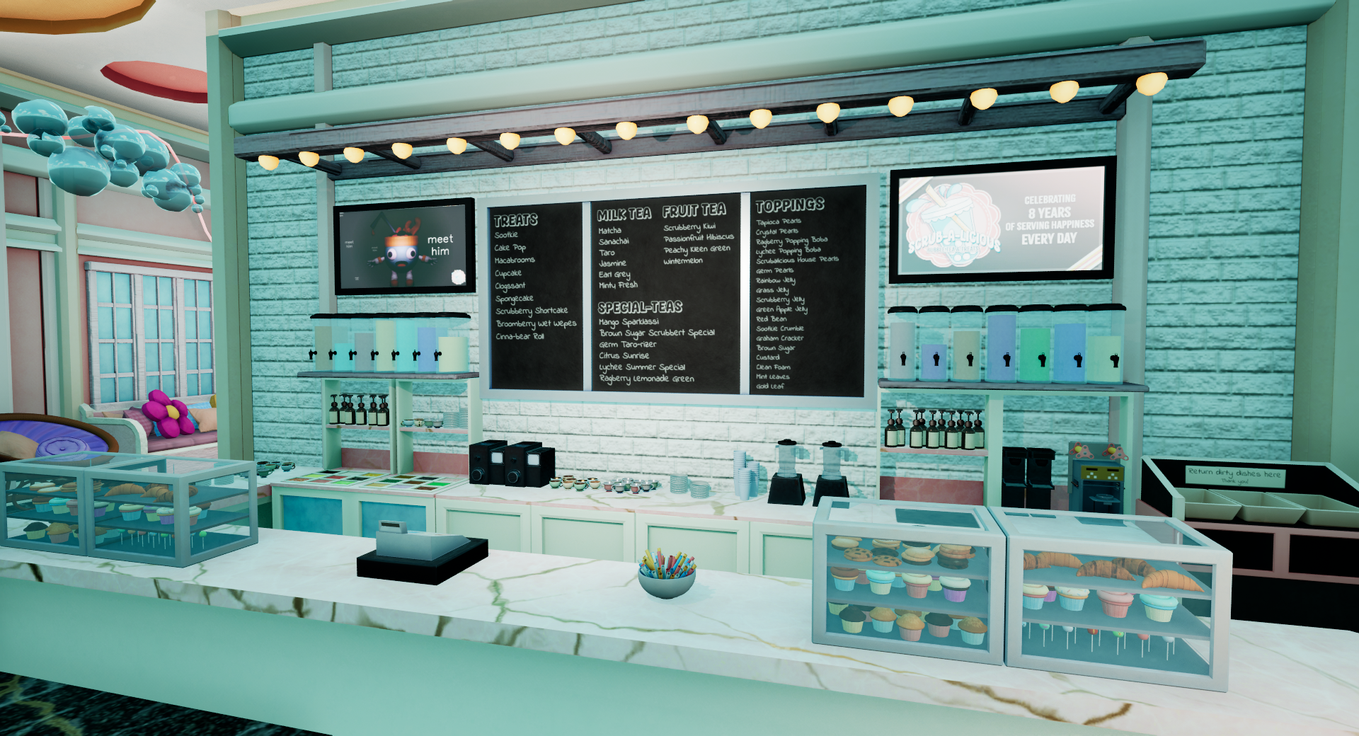 Scrub-a-Licious Bubble Tea counter. Cash register, blender, back wall counters, tapioca maker, tea brewer, cup sealer, and papasan chair modeled by Hayden Padula.